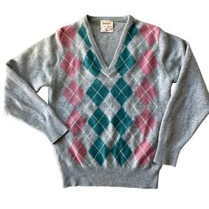 Vintage Alan Paine Women 100% Cashmere Sweater Sz 38 Argyle V-Neck Grey Englandd